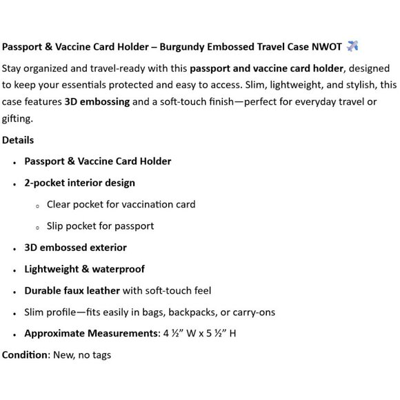 Passport & Vaccine Card Holder – Burgundy Embossed Travel Case NWOT ✈️ - Picture 2 of 5